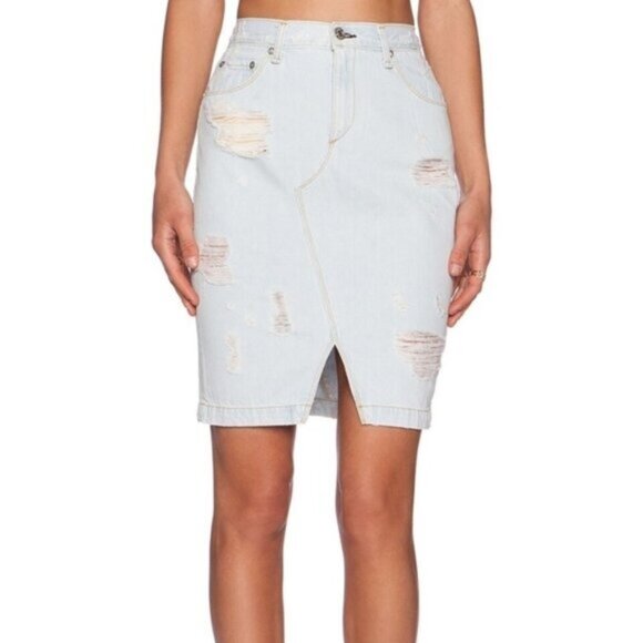 Free People Rag & Bone Denim Jean Mini Skirt Light Wash Distressed High Rise - Picture 2 of 11